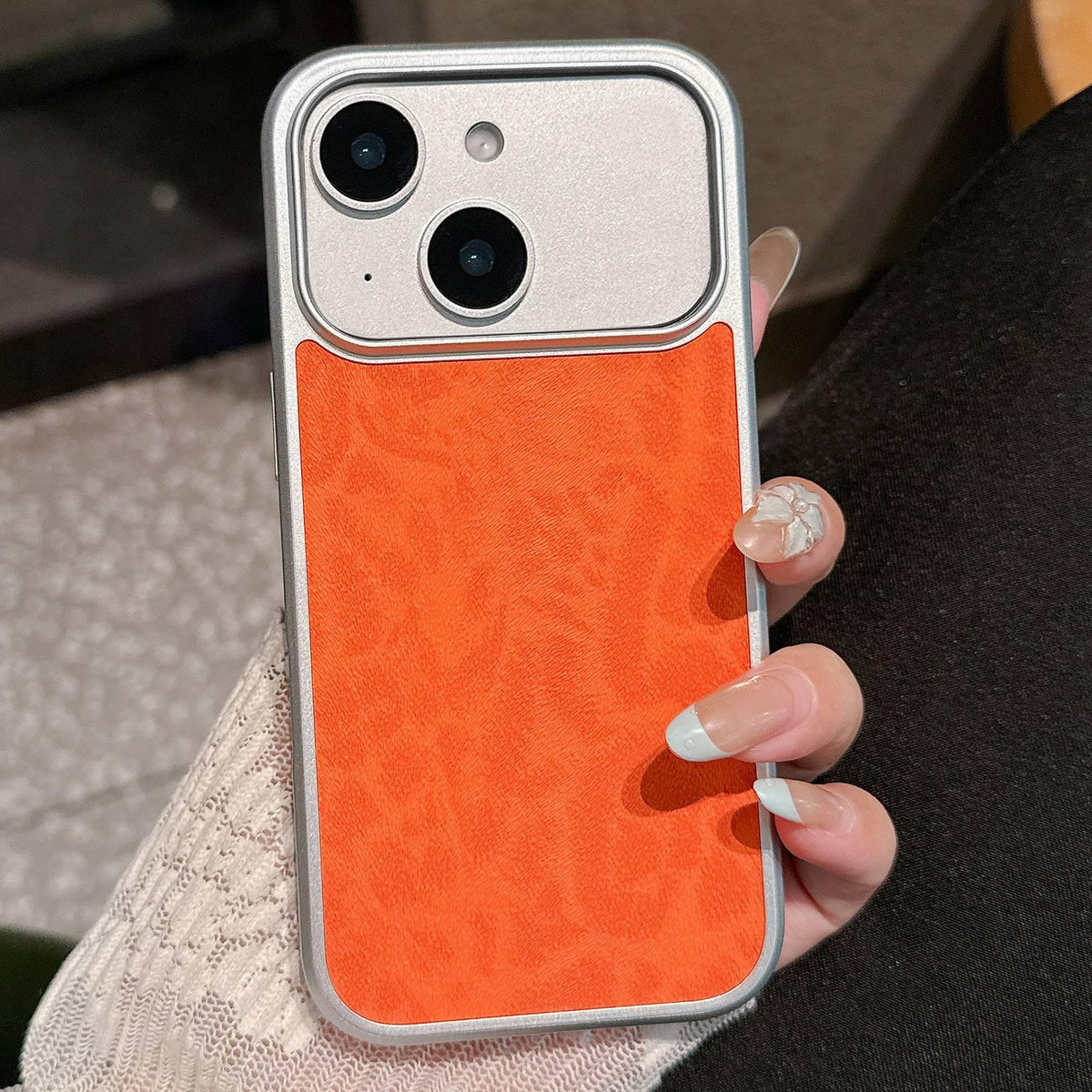 For iPhone 15 Leopard Print Electroplated Large Window Phone Case - Orange - EDA009697709A