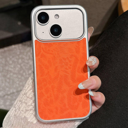 For iPhone 15 Leopard Print Electroplated Large Window Phone Case - Orange - EDA009697709A