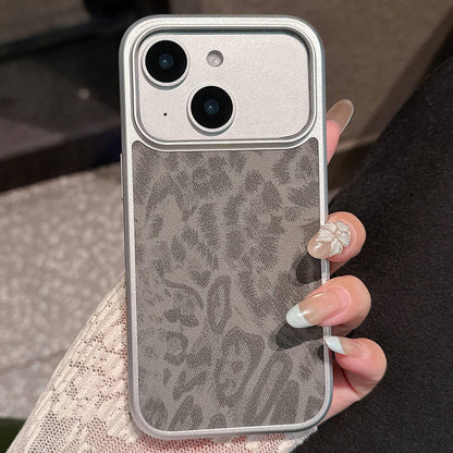 For iPhone 15 Leopard Print Electroplated Large Window Phone Case - Dark Grey - EDA009697709B