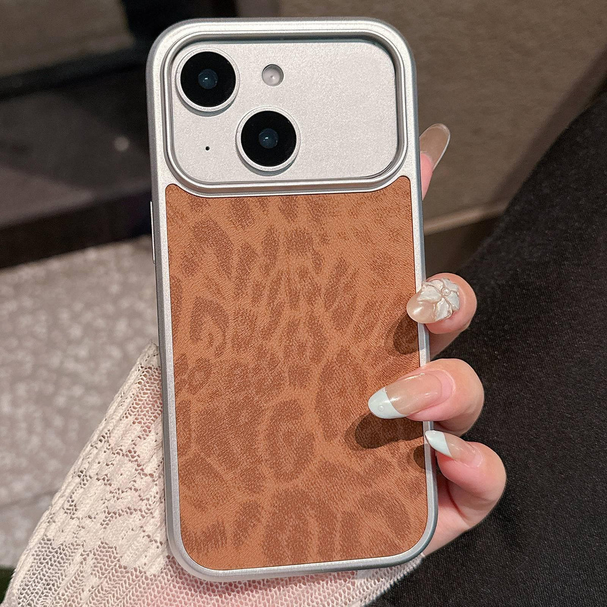 For iPhone 15 Leopard Print Electroplated Large Window Phone Case - Brown - EDA009697709C
