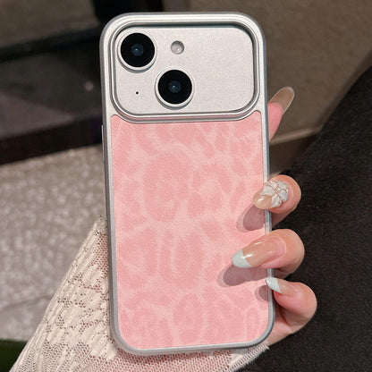 For iPhone 15 Leopard Print Electroplated Large Window Phone Case - Pink - EDA009697709D