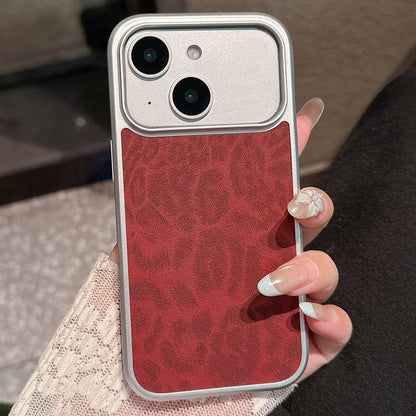 For iPhone 15 Leopard Print Electroplated Large Window Phone Case - Dark Red - EDA009697709F