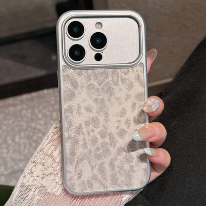 For iPhone 14 Pro Max Leopard Print Electroplated Large Window Phone Case - Light Grey - EDA009697710E