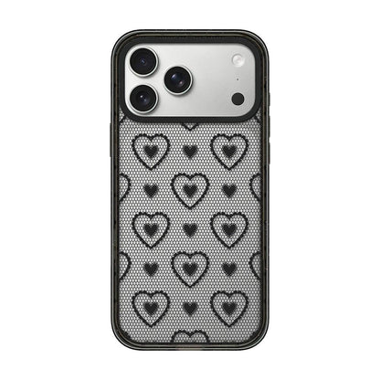 For iPhone 17 Pro Max Lace Bow Printed Acrylic TPU Phone Case - Black Heart Fishing Net - EDA009698001C