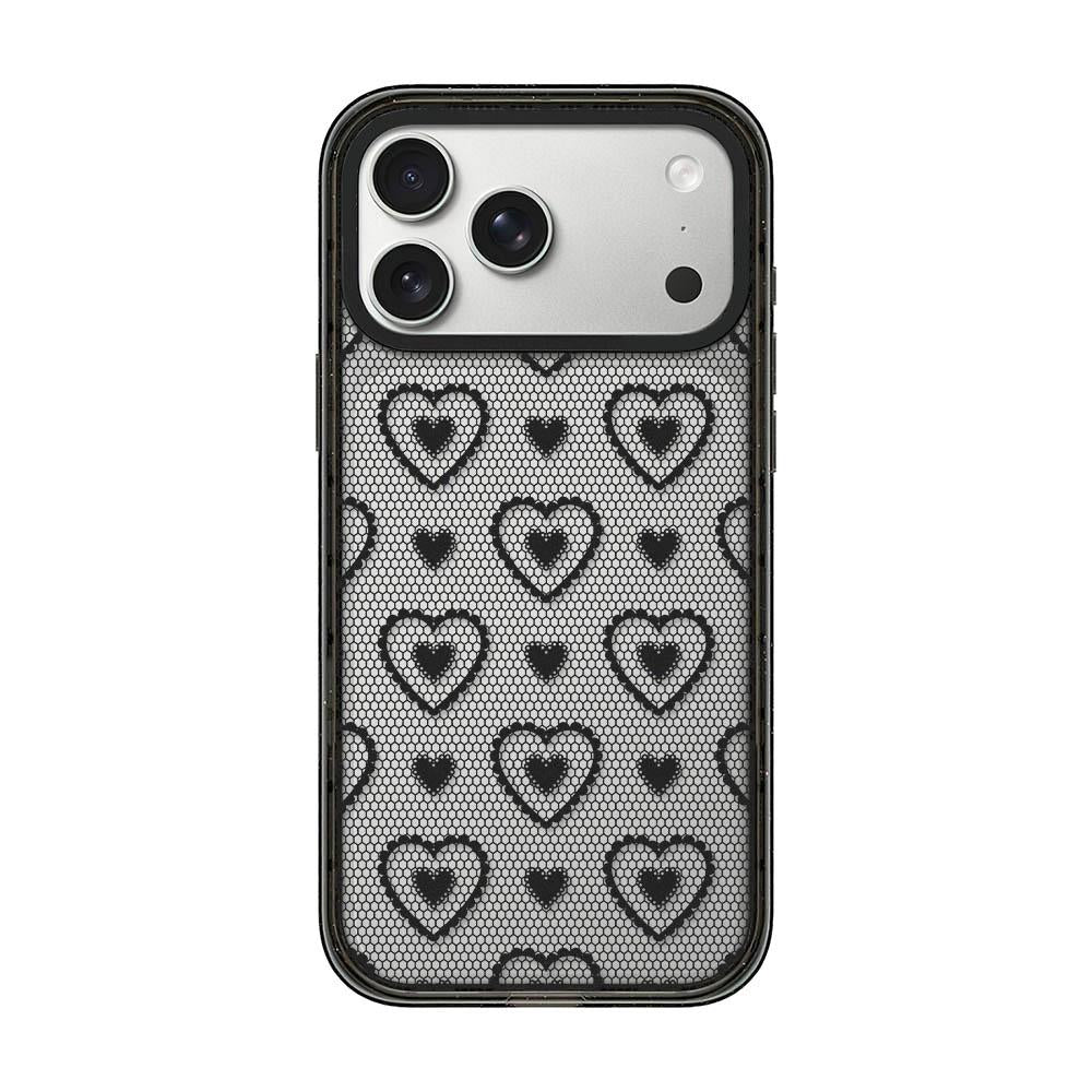 For iPhone 17 Pro Lace Bow Printed Acrylic TPU Phone Case - Black Heart Fishing Net - EDA009698002C