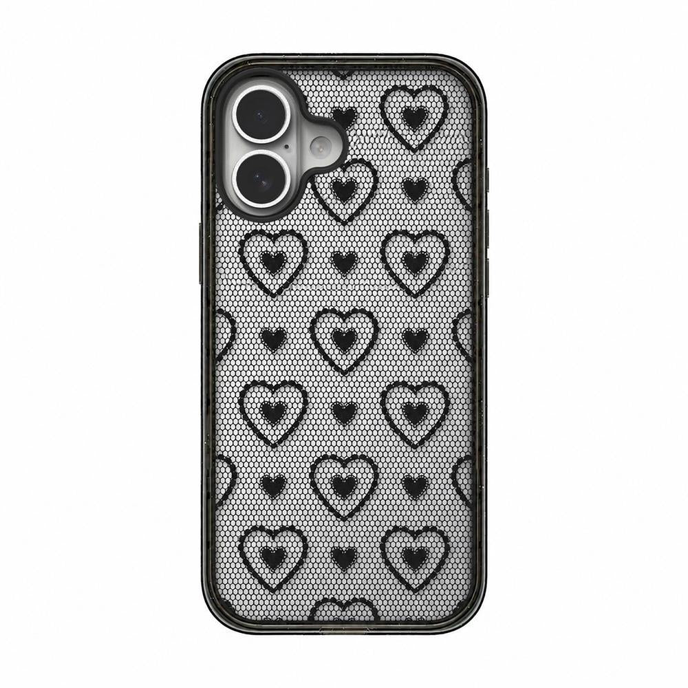 For iPhone 17 Lace Bow Printed Acrylic TPU Phone Case - Black Heart Fishing Net - EDA009698003C