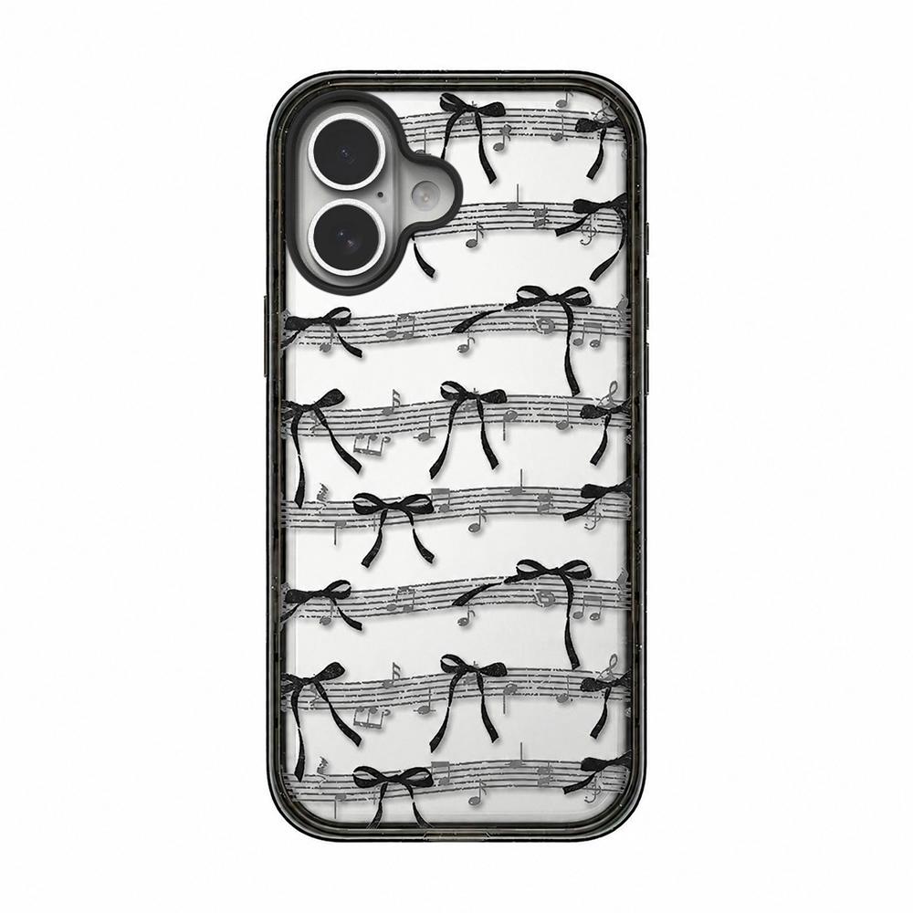 For iPhone 16 Plus Lace Bow Printed Acrylic TPU Phone Case - Musical Note Black Bow - EDA009698007A