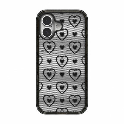 For iPhone 16 Plus Lace Bow Printed Acrylic TPU Phone Case - Black Heart Fishing Net - EDA009698007C