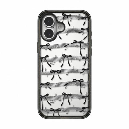 For iPhone 16 Lace Bow Printed Acrylic TPU Phone Case - Musical Note Black Bow - EDA009698008A