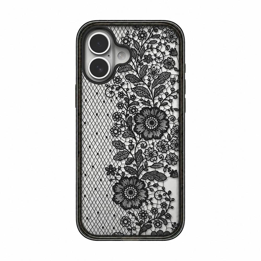 For iPhone 16 Lace Bow Printed Acrylic TPU Phone Case - Half Lace Flower - EDA009698008E