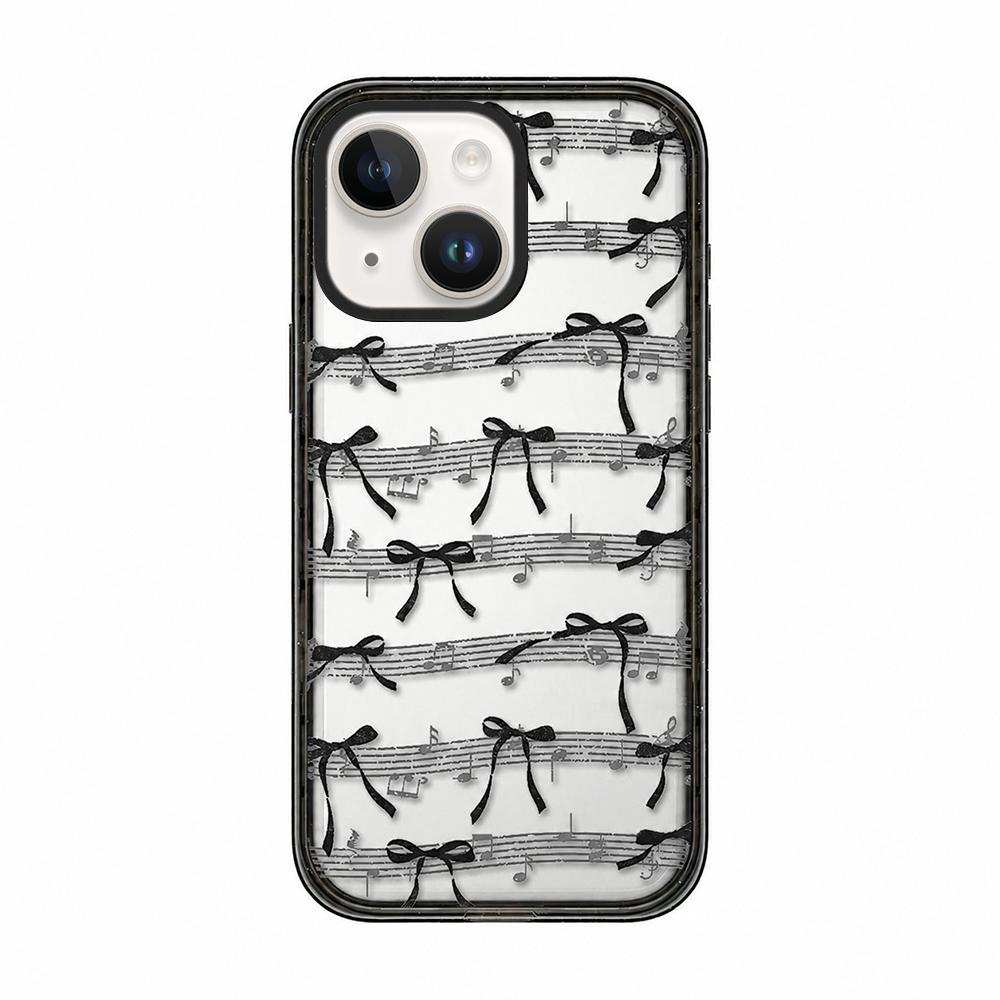 For iPhone 15 Plus Lace Bow Printed Acrylic TPU Phone Case - Musical Note Black Bow - EDA009698011A