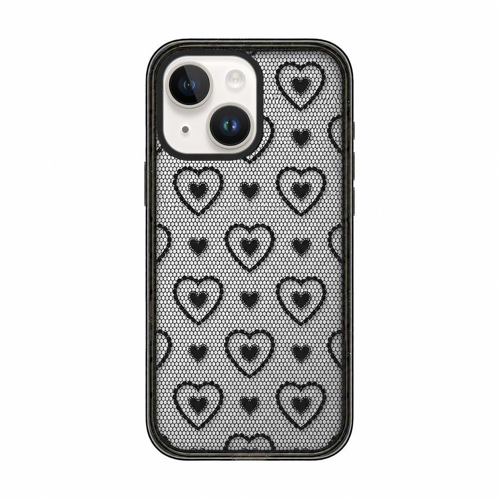 For iPhone 15 Plus Lace Bow Printed Acrylic TPU Phone Case - Black Heart Fishing Net - EDA009698011C