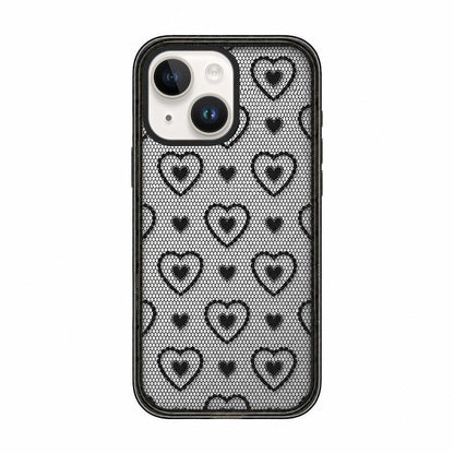 For iPhone 15 Plus Lace Bow Printed Acrylic TPU Phone Case - Black Heart Fishing Net - EDA009698011C