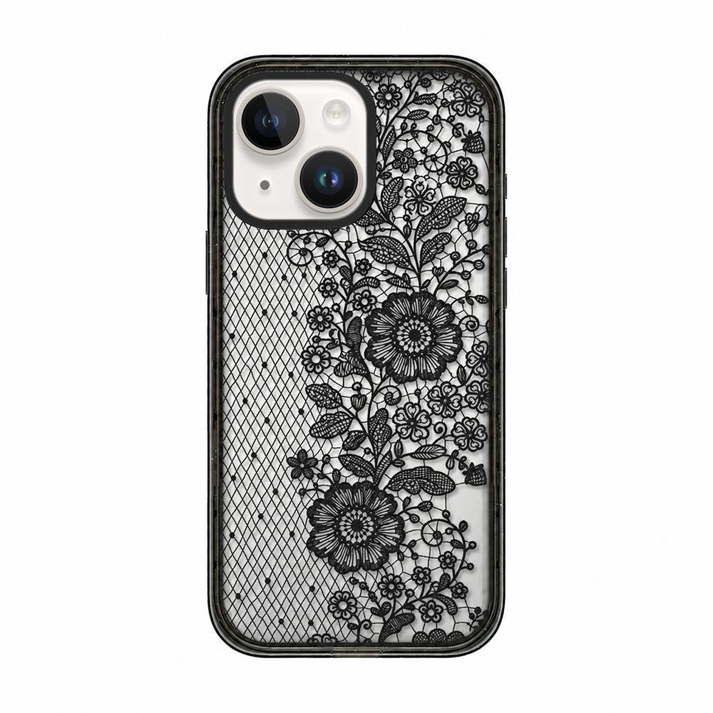 For iPhone 14 Lace Bow Printed Acrylic TPU Phone Case - Half Lace Flower - EDA009698014E