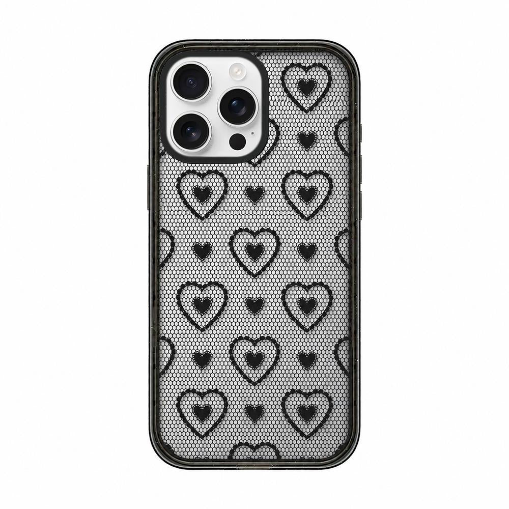 For iPhone 12 Pro Lace Bow Printed Acrylic TPU Phone Case - Black Heart Fishing Net - EDA009698022C