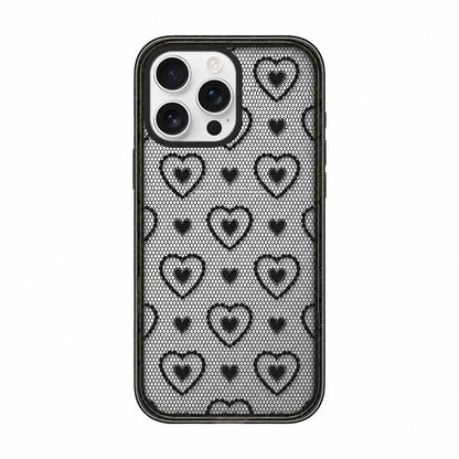 For iPhone 12 Pro Lace Bow Printed Acrylic TPU Phone Case - Black Heart Fishing Net - EDA009698022C