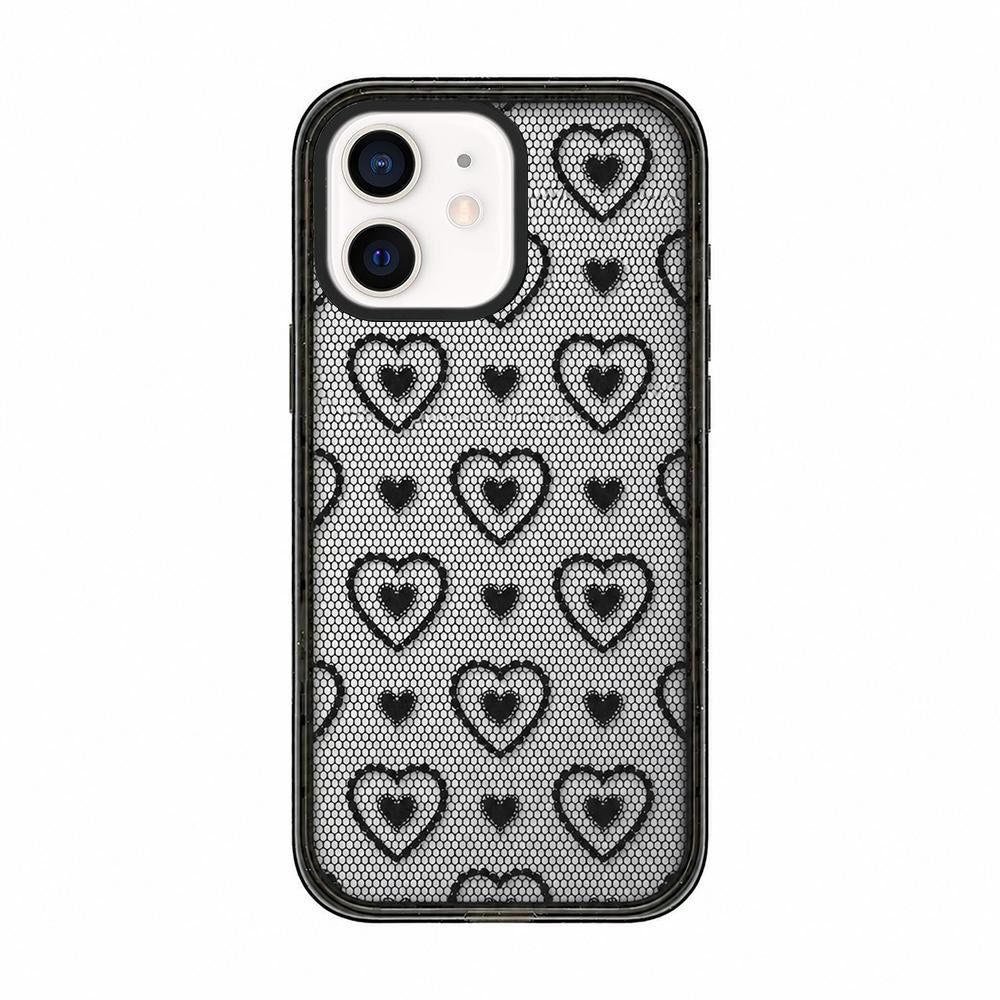 For iPhone 11 Lace Bow Printed Acrylic TPU Phone Case - Black Heart Fishing Net - EDA009698023C