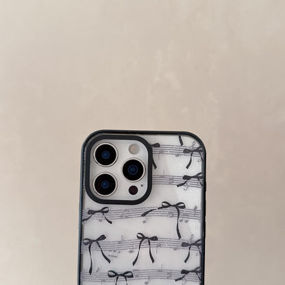 For iPhone 15 Lace Bow Printed Acrylic TPU Phone Case - Musical Note Black Bow - EDA009698012A