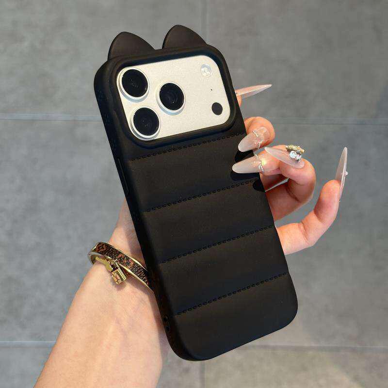 For iPhone 17 Pro Max Cute 3D Cat Ear Silicone Shockproof Phone Case - Black - EDA009698301E