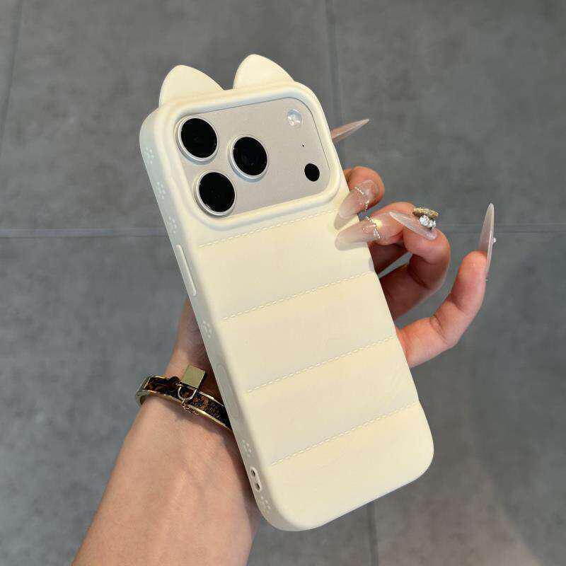 For iPhone 17 Pro Cute 3D Cat Ear Silicone Shockproof Phone Case - White - EDA009698302D