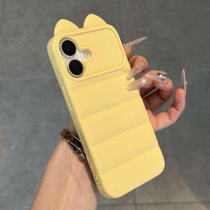 For iPhone 16 Cute 3D Cat Ear Silicone Shockproof Phone Case - Yellow - EDA009698308C