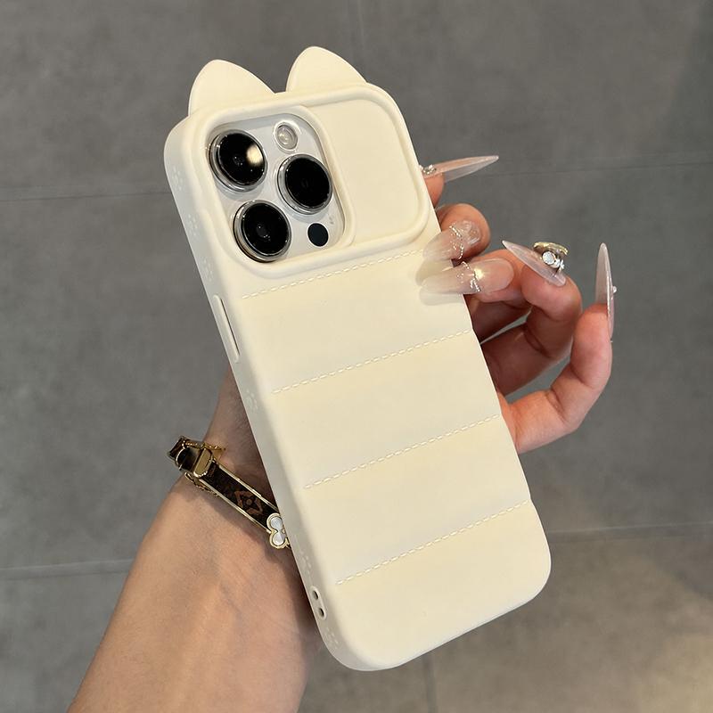 For iPhone 15 Pro Max Cute 3D Cat Ear Silicone Shockproof Phone Case - White - EDA009698309D