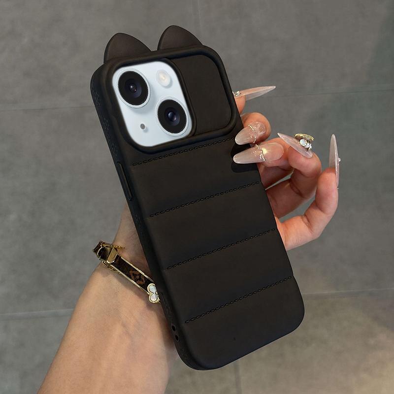 For iPhone 15 Plus Cute 3D Cat Ear Silicone Shockproof Phone Case - Black - EDA009698311E