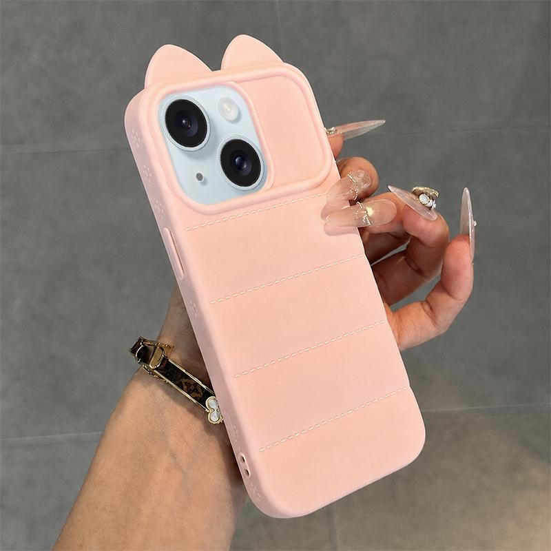 For iPhone 15 Cute 3D Cat Ear Silicone Shockproof Phone Case - Pink - EDA009698312A
