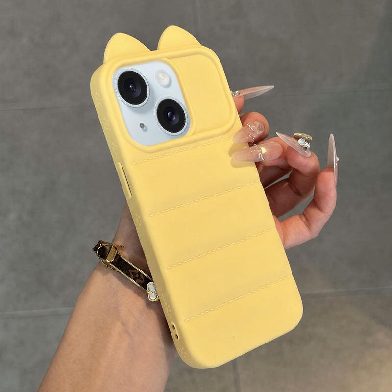 For iPhone 15 Cute 3D Cat Ear Silicone Shockproof Phone Case - Yellow - EDA009698312C