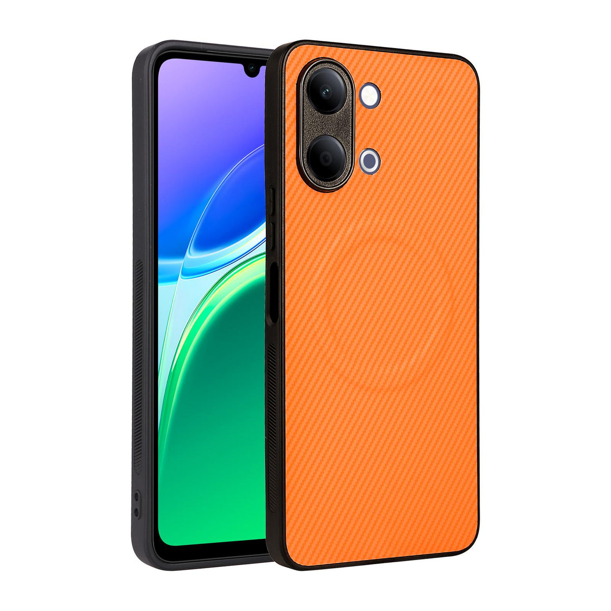 For vivo Y05 4G / Y21 5G 2026 Precise Cutout Carbon Fiber Texture Vegan Leather Phone Case - Orange - EDA009698502A