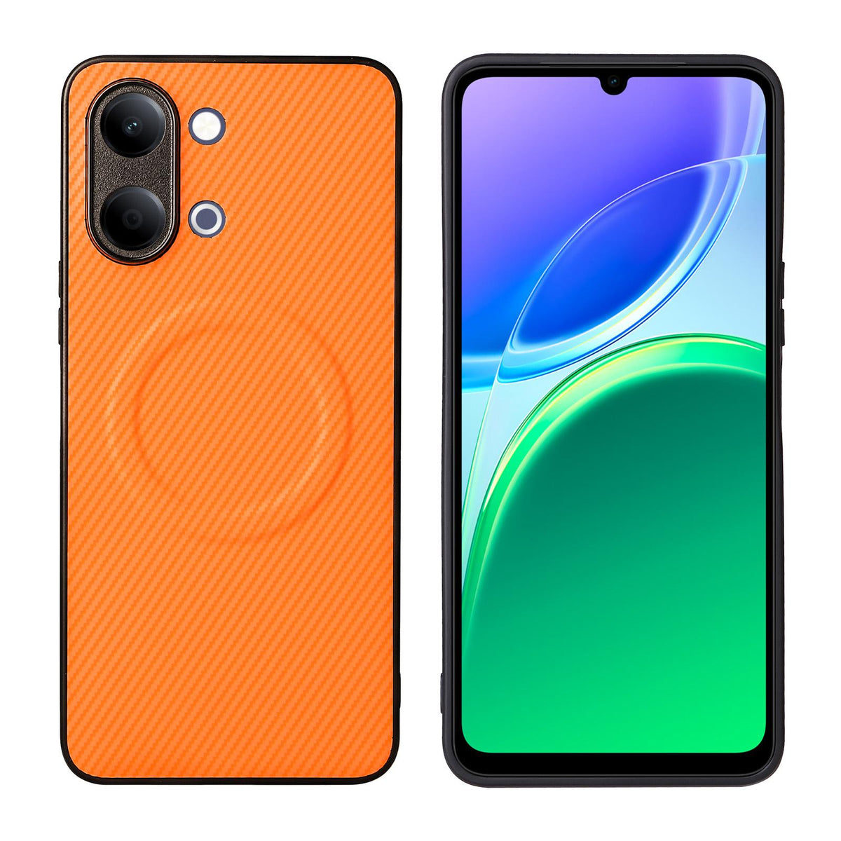 For vivo Y05 4G / Y21 5G 2026 Precise Cutout Carbon Fiber Texture Vegan Leather Phone Case - Orange - EDA009698502A
