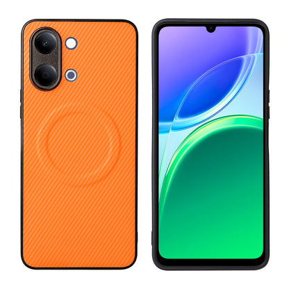 For vivo Y05 4G / Y21 5G 2026 Precise Cutout Carbon Fiber Texture Vegan Leather Phone Case - Orange - EDA009698502A