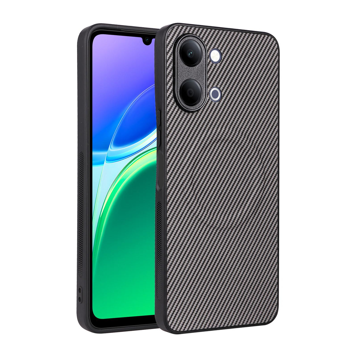 For vivo Y05 4G / Y21 5G 2026 Precise Cutout Carbon Fiber Texture Vegan Leather Phone Case - Grey - EDA009698502C