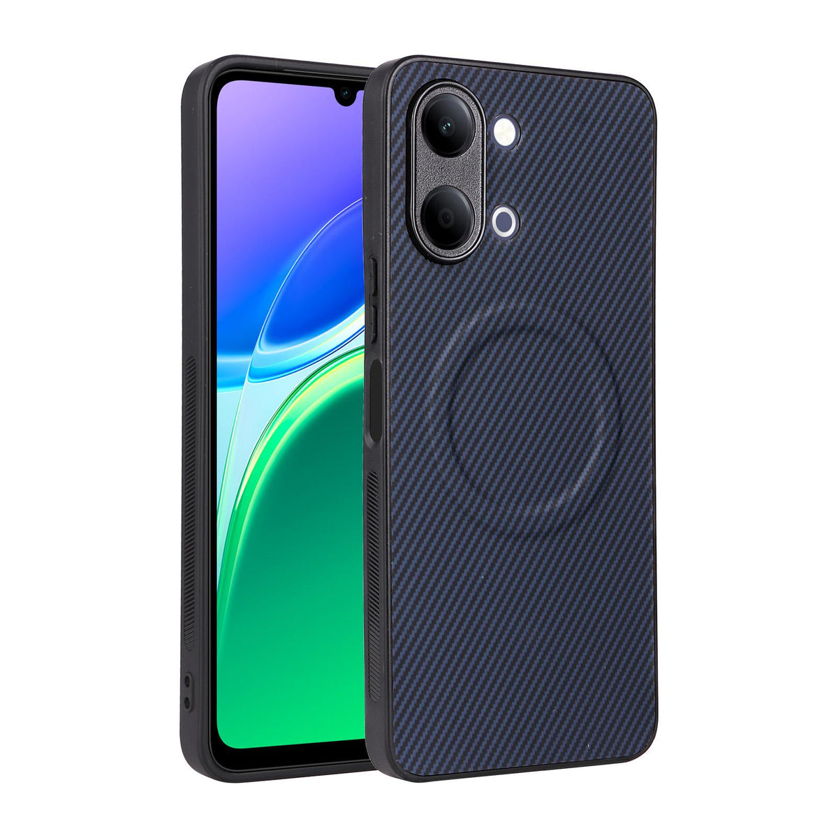 For vivo Y05 4G / Y21 5G 2026 Precise Cutout Carbon Fiber Texture Vegan Leather Phone Case - Blue - EDA009698502D