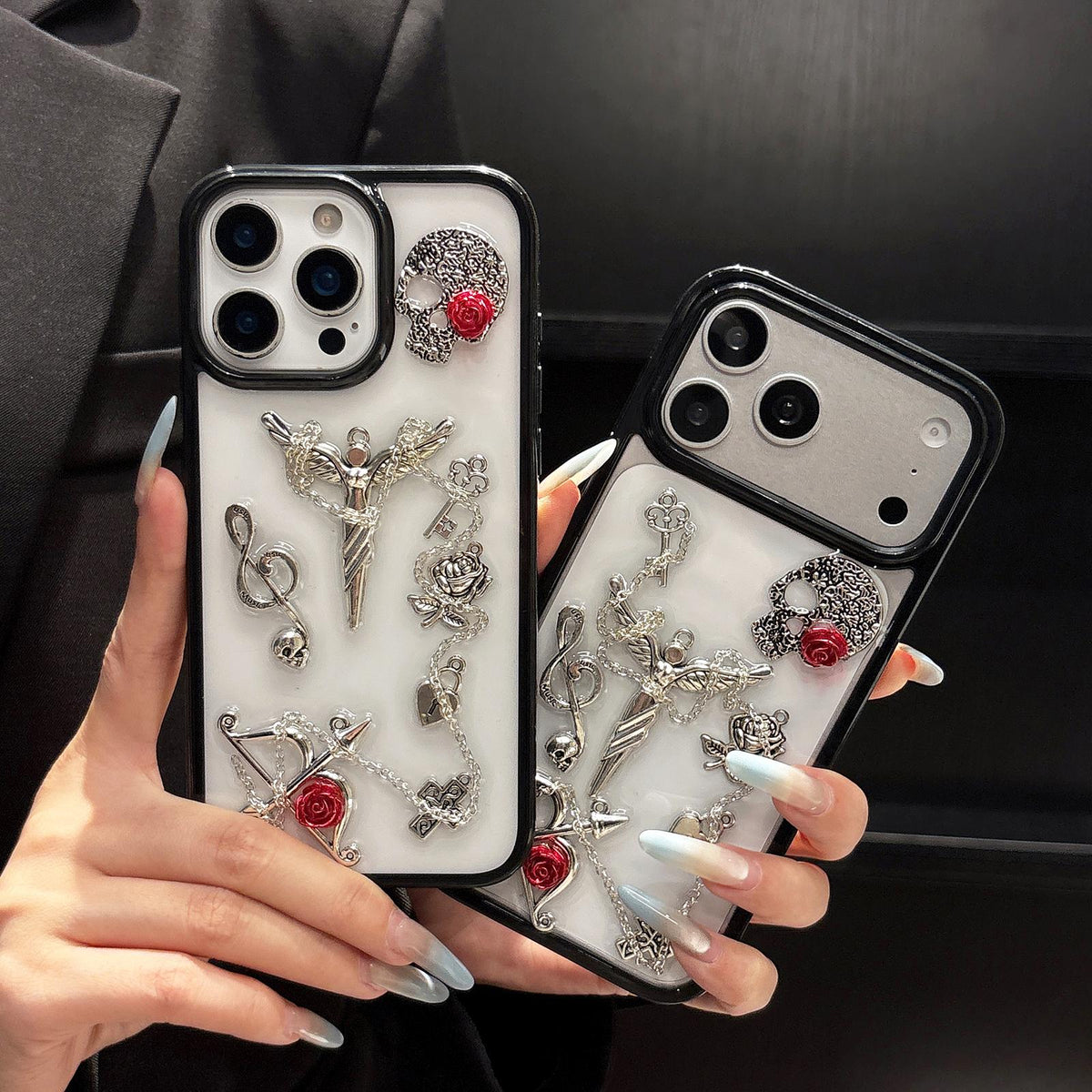 For iPhone 15 Skull Rose Pattern Shockproof PC Phone Case - Default - EDA009700612