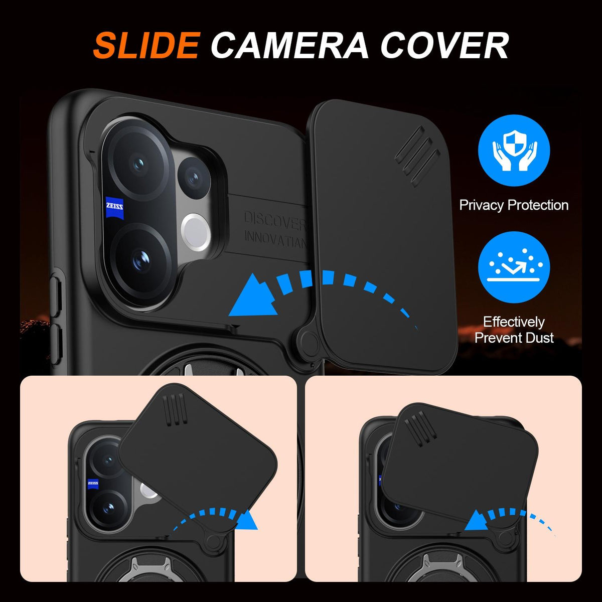 For vivo V60 5G Camera Sliding Shield Magnetic Rotation Holder Phone Case - Black - EDA009701102A