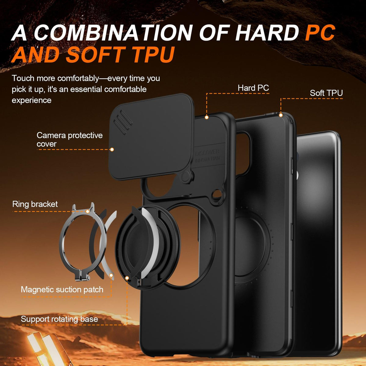 For vivo V60 5G Camera Sliding Shield Magnetic Rotation Holder Phone Case - Black - EDA009701102A