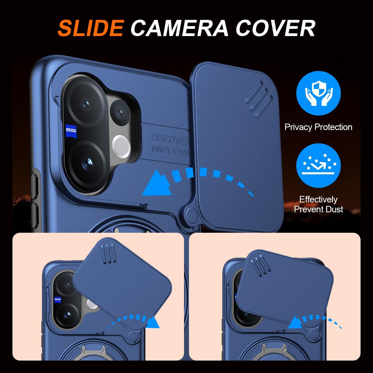 For vivo V60 5G Camera Sliding Shield Magnetic Rotation Holder Phone Case - Blue - EDA009701102B