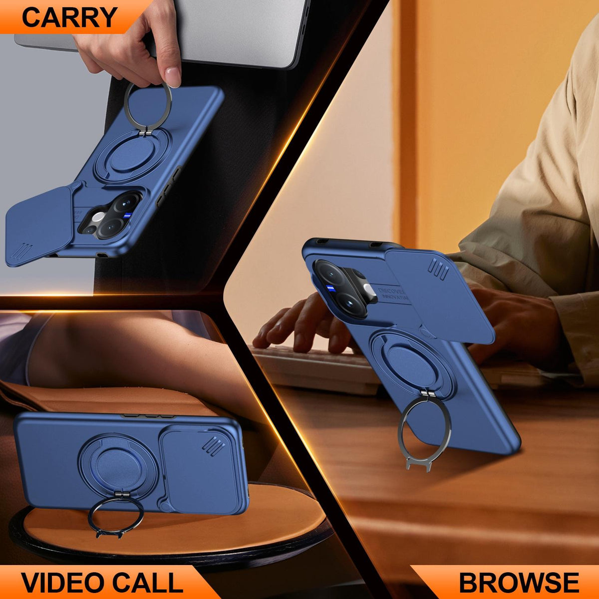 For vivo V60 5G Camera Sliding Shield Magnetic Rotation Holder Phone Case - Blue - EDA009701102B