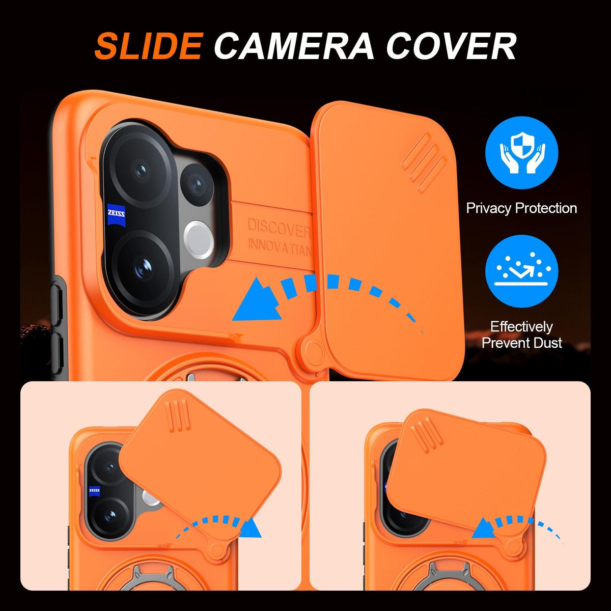 For vivo V60 5G Camera Sliding Shield Magnetic Rotation Holder Phone Case - Orange - EDA009701102C