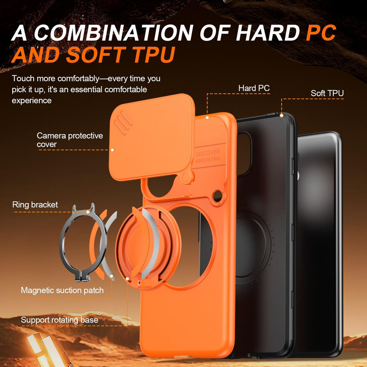 For vivo V60 5G Camera Sliding Shield Magnetic Rotation Holder Phone Case - Orange - EDA009701102C