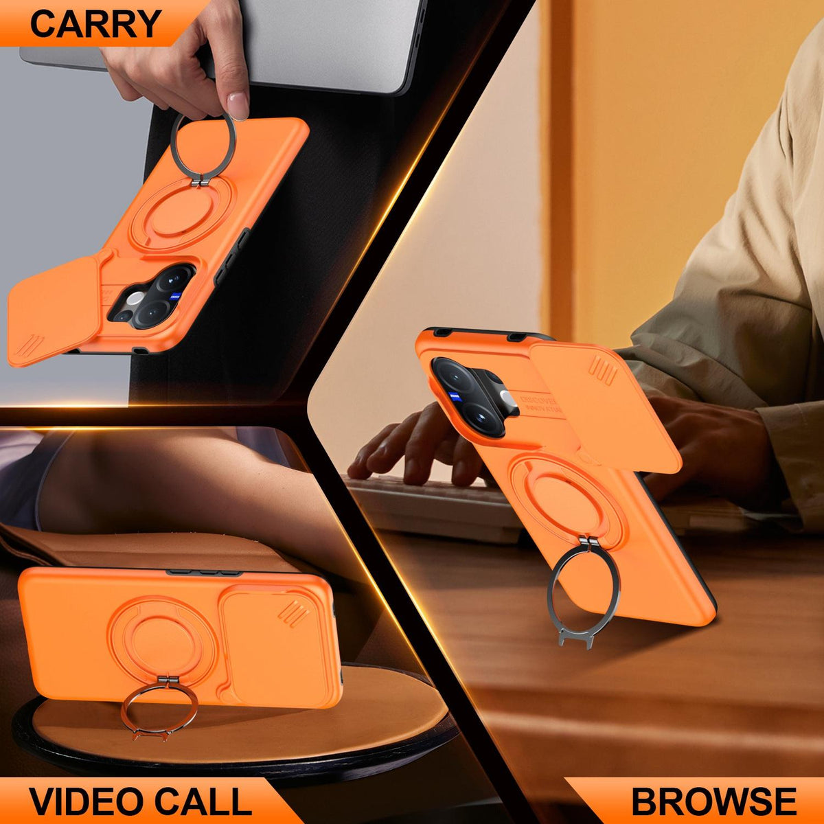 For vivo V60 5G Camera Sliding Shield Magnetic Rotation Holder Phone Case - Orange - EDA009701102C