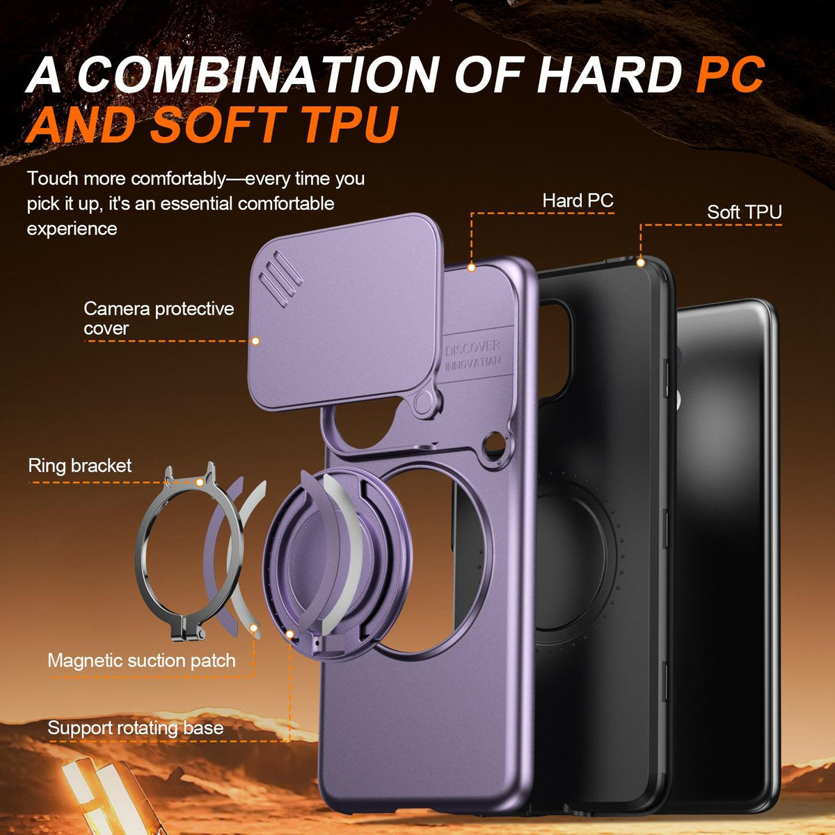 For vivo V60 5G Camera Sliding Shield Magnetic Rotation Holder Phone Case - Purple - EDA009701102D