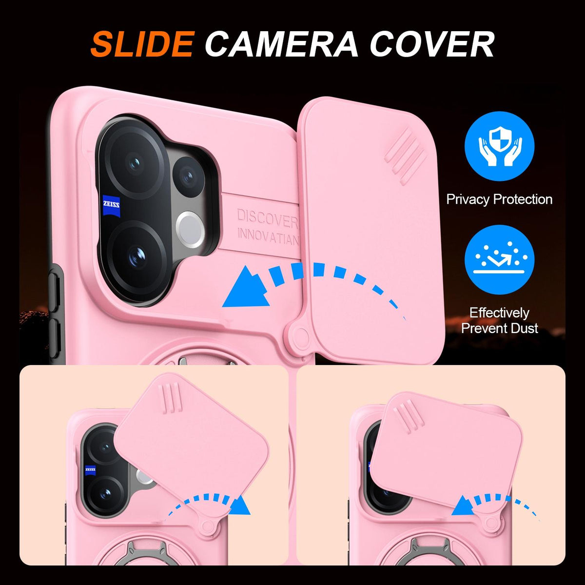For vivo V60 5G Camera Sliding Shield Magnetic Rotation Holder Phone Case - Pink - EDA009701102E