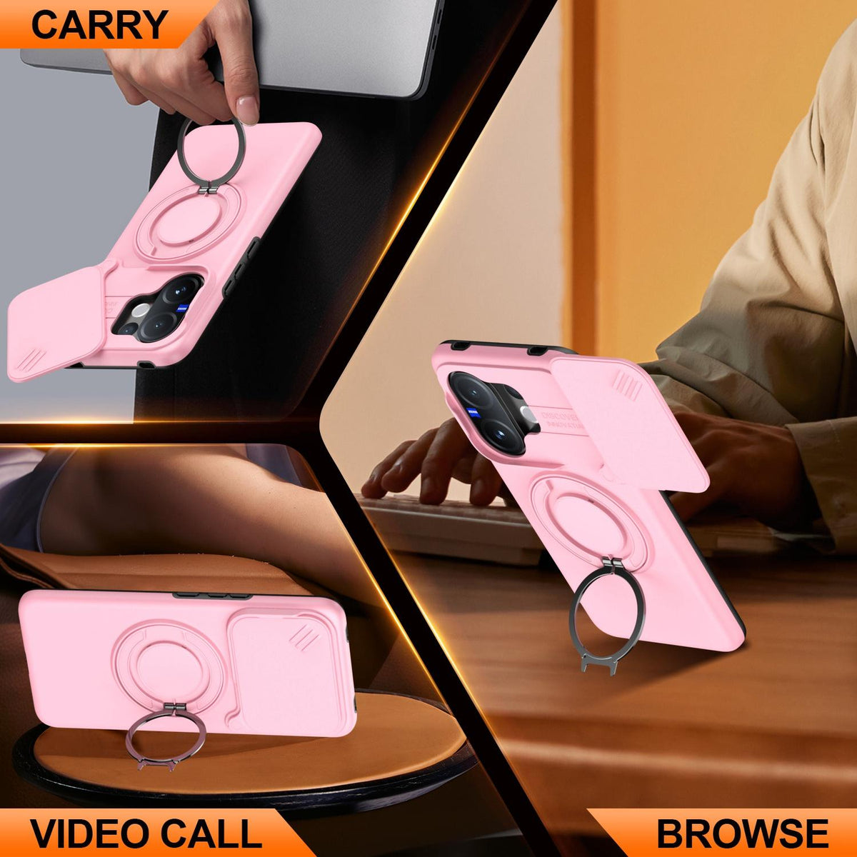 For vivo V60 5G Camera Sliding Shield Magnetic Rotation Holder Phone Case - Pink - EDA009701102E