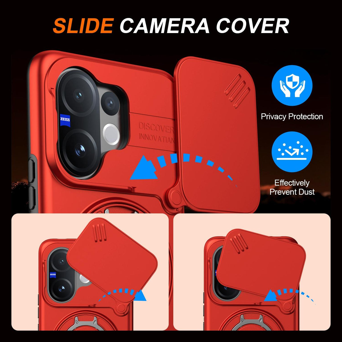 For vivo V60 5G Camera Sliding Shield Magnetic Rotation Holder Phone Case - Red - EDA009701102F