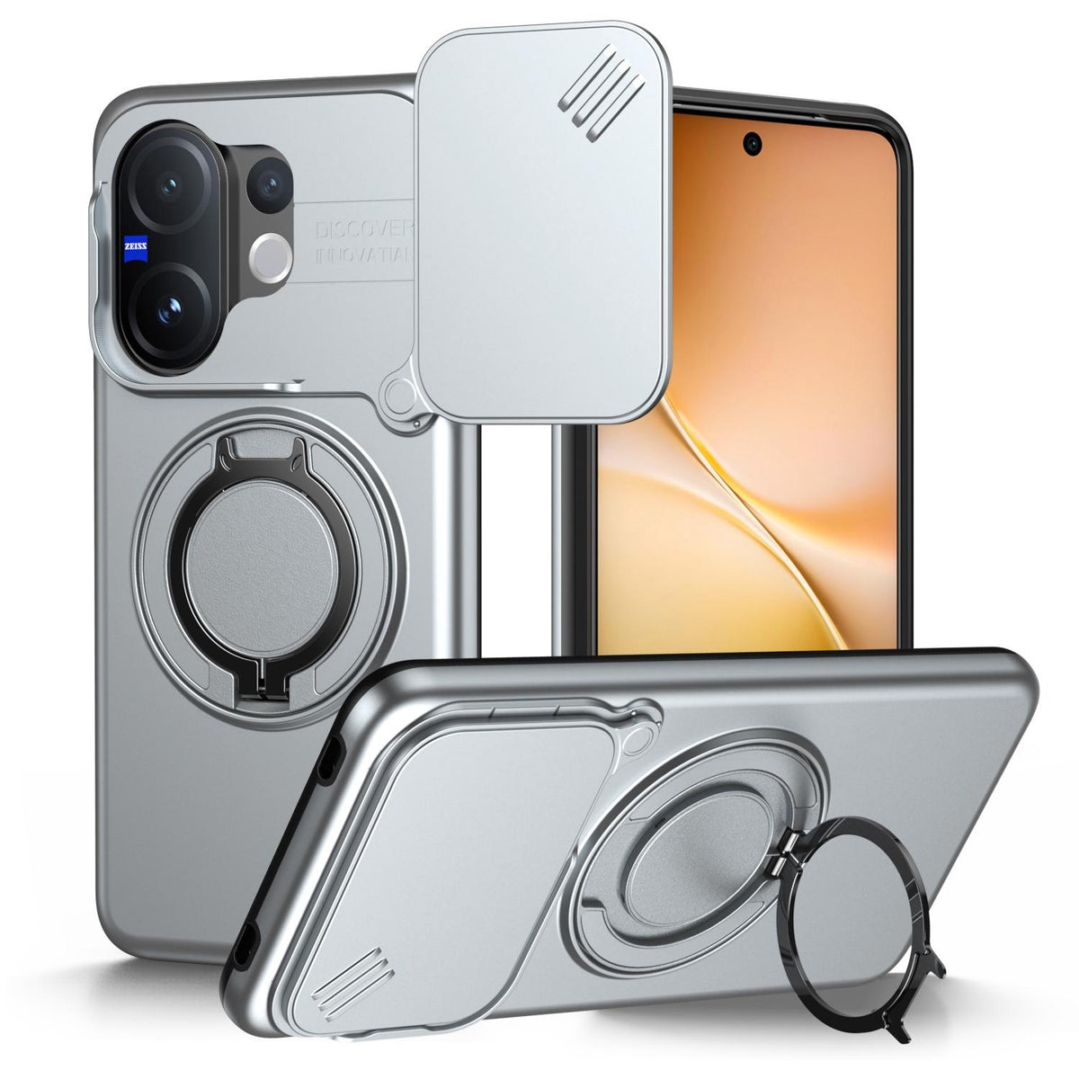 For vivo V60 5G Camera Sliding Shield Magnetic Rotation Holder Phone Case - Silver - EDA009701102G