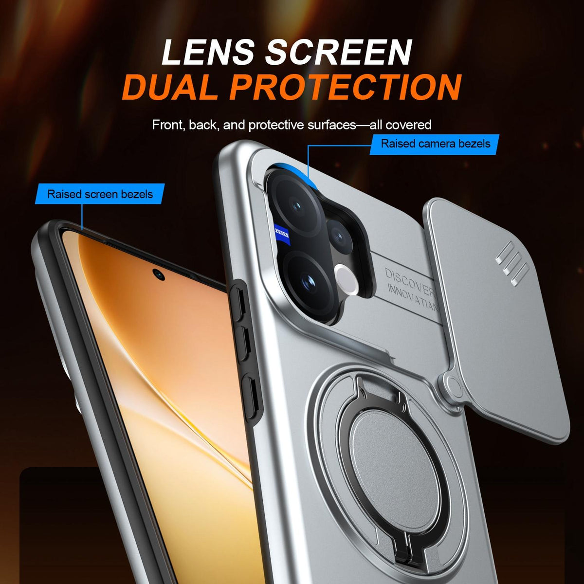 For vivo V60 5G Camera Sliding Shield Magnetic Rotation Holder Phone Case - Silver - EDA009701102G