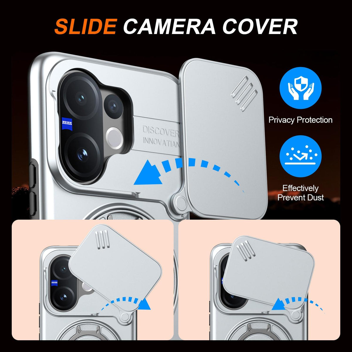 For vivo V60 5G Camera Sliding Shield Magnetic Rotation Holder Phone Case - Silver - EDA009701102G