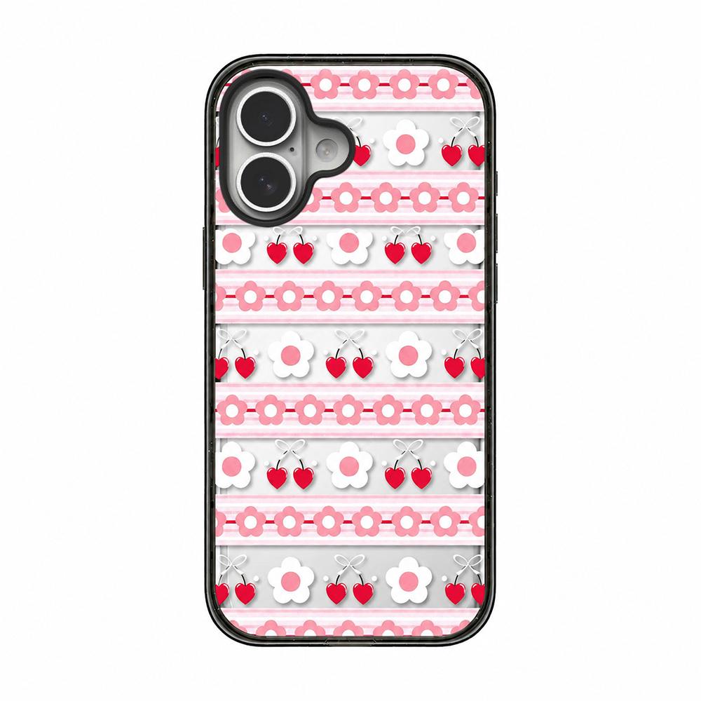 For iPhone 17 Cream Cake Pattern Acrylic TPU Phone Case - Pink Striped Flower Heart - EDA009701403A